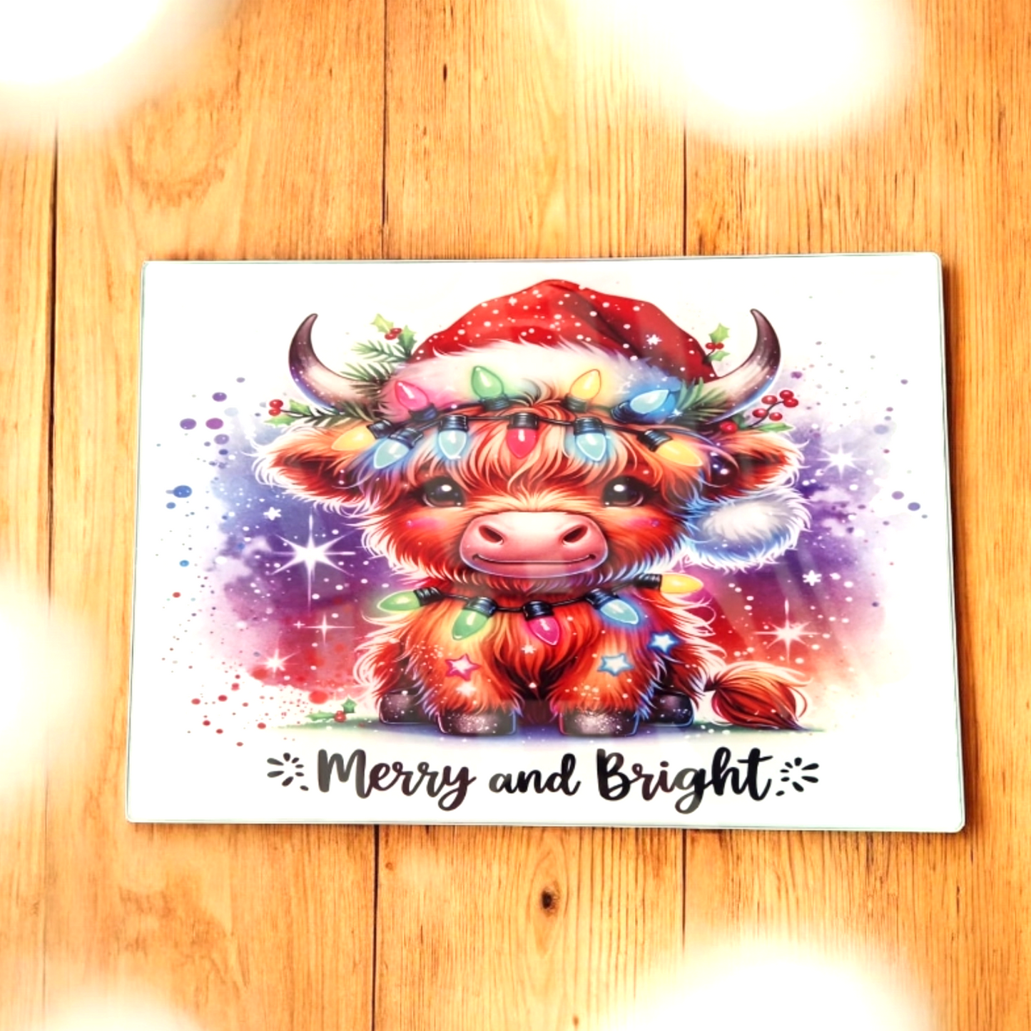 Christmas Lights Highland Cow Glass Chopping Board