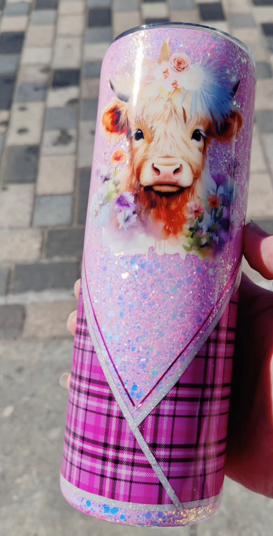 Pink tartan Highland Cow Glitter 20oz tumbler