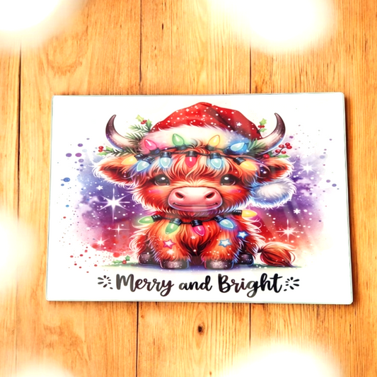 Christmas Lights Highland Cow  Glass Chopping Board