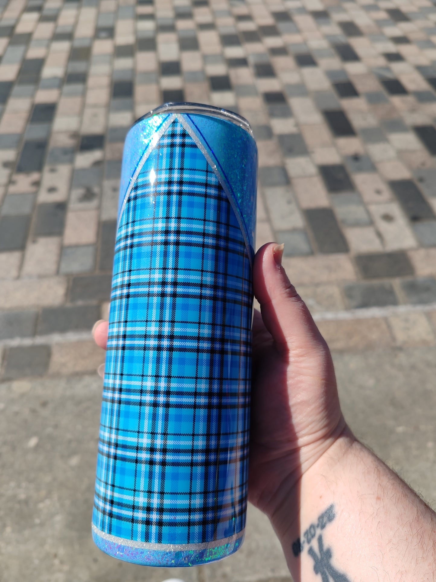 Blue tartan Highland Cow Glitter 20oz tumbler