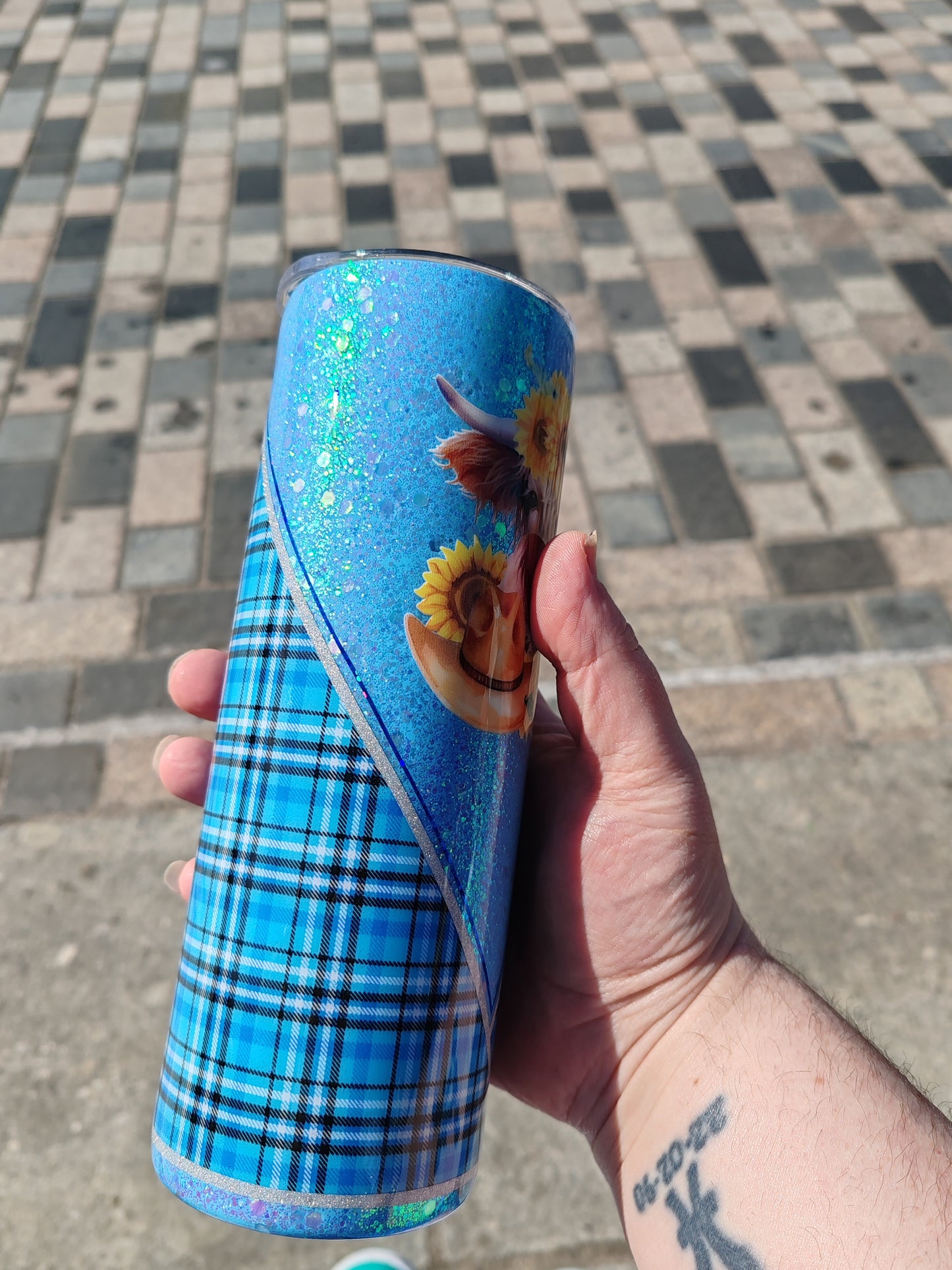 Blue tartan Highland Cow Glitter 20oz tumbler