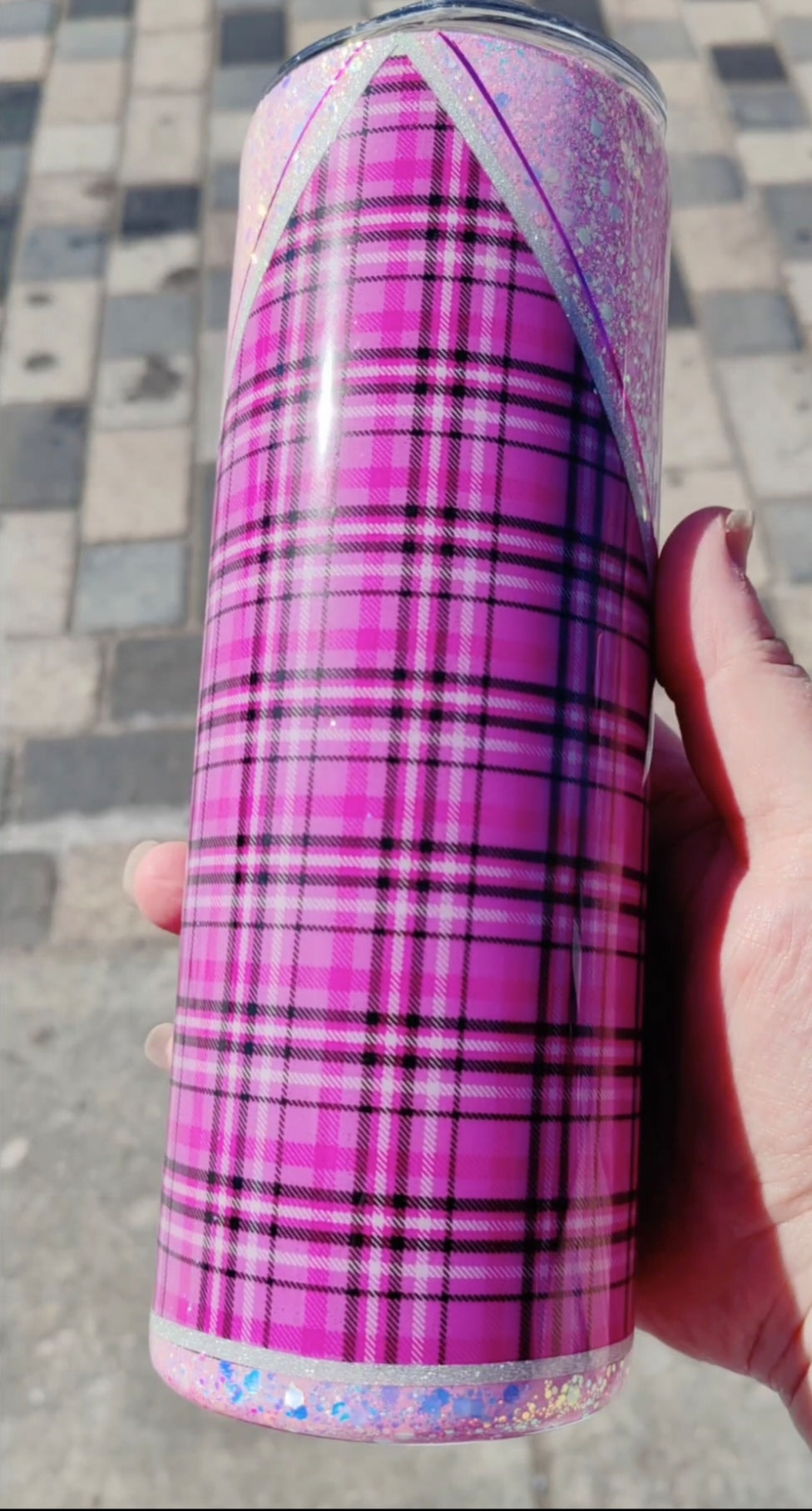 Pink tartan Highland Cow Glitter 20oz tumbler