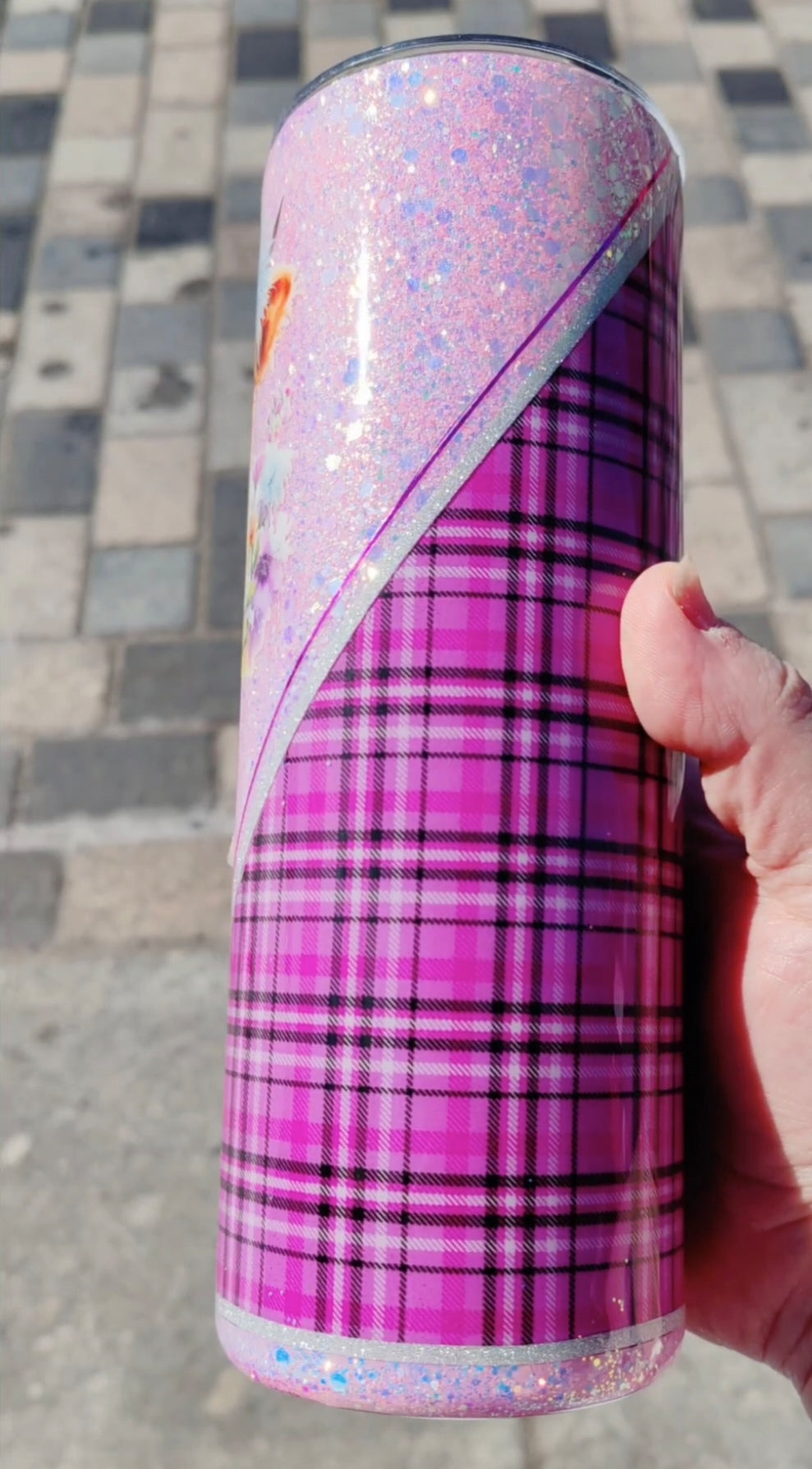 Pink tartan Highland Cow Glitter 20oz tumbler