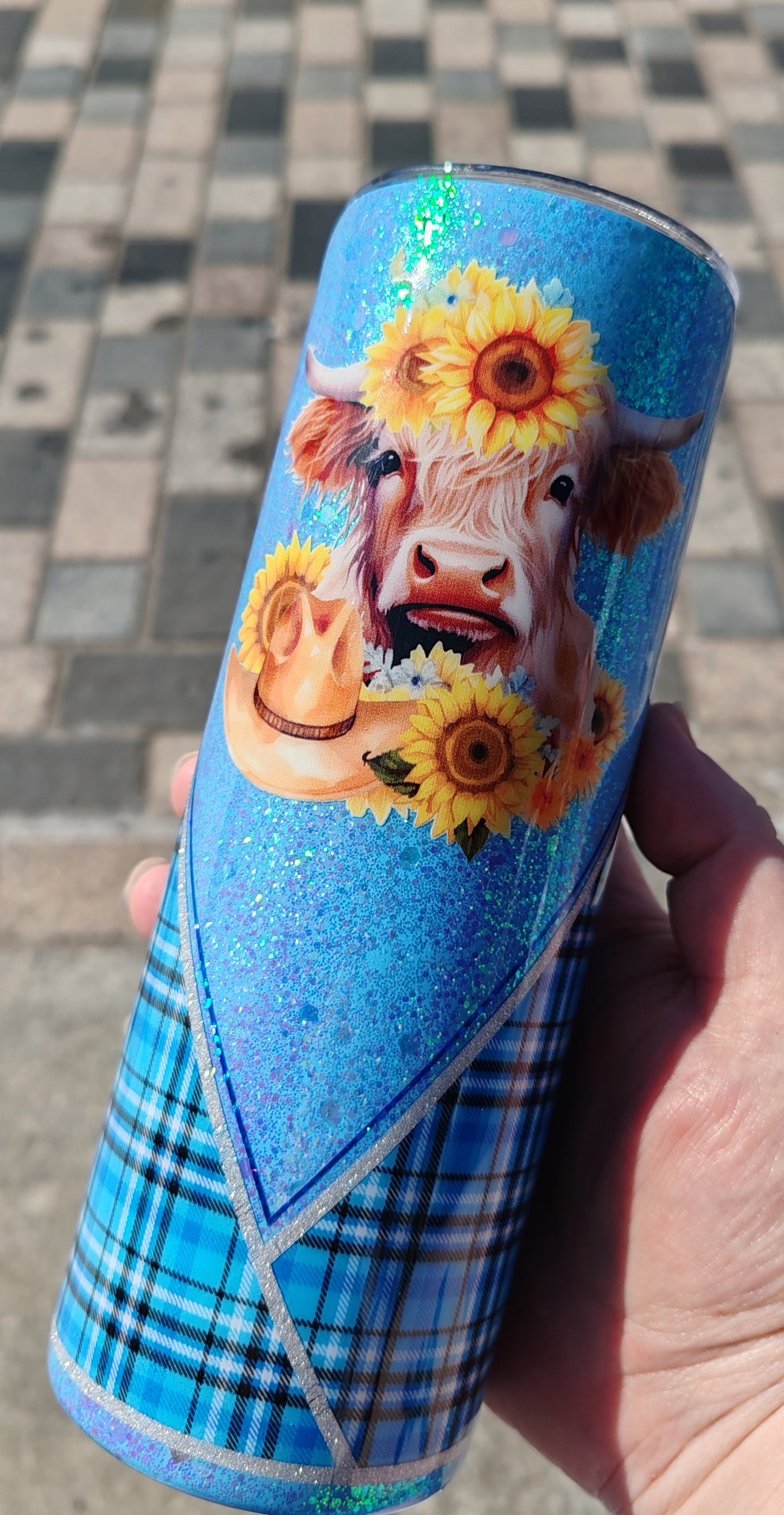 Blue tartan Highland Cow Glitter 20oz tumbler